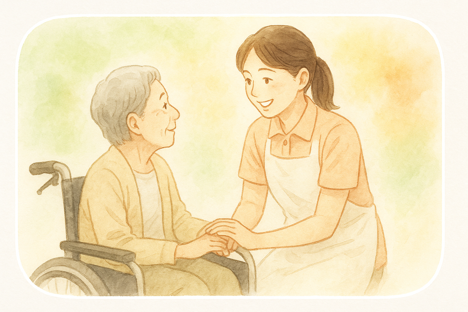 車いすの利用者さまと介護スタッフが向かい合って話している様子