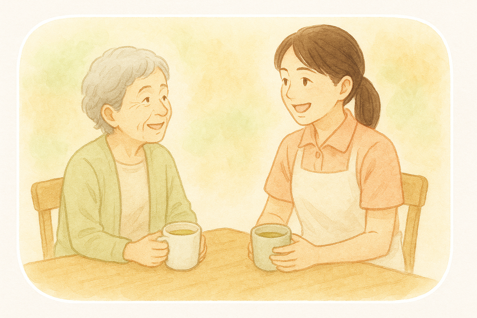 利用者さまとお茶を飲みながら談笑する介護スタッフ